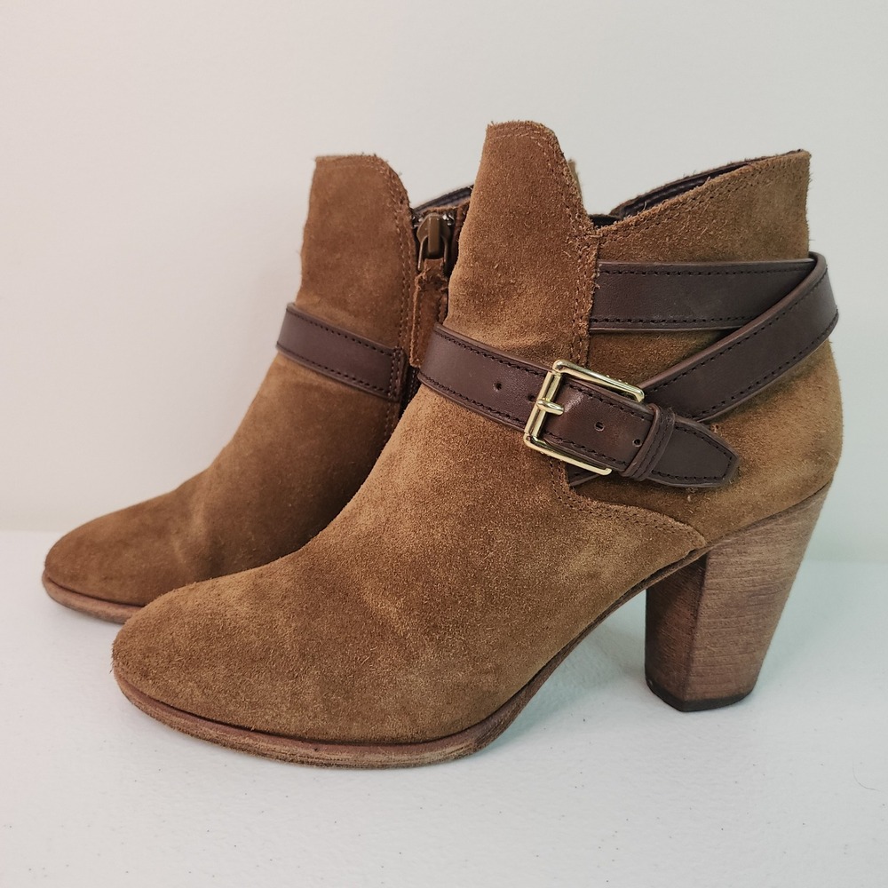Cole Haan Brown Suede Ankle Boots 5B Western Boho Whimsigoth Heel Booties Buckle